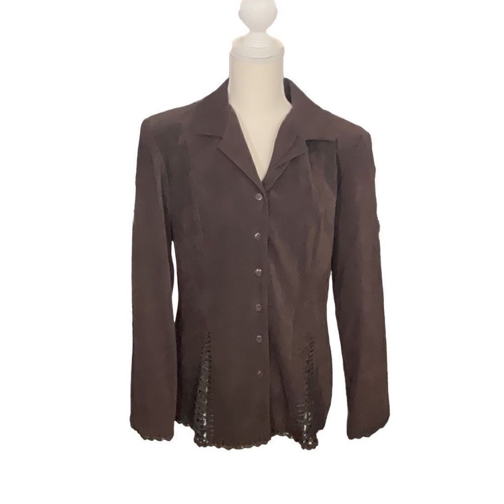 VTG Nicole Studio Brown Blazer Jacket Macrame Trim Long Sleeve Button Front Sz 6